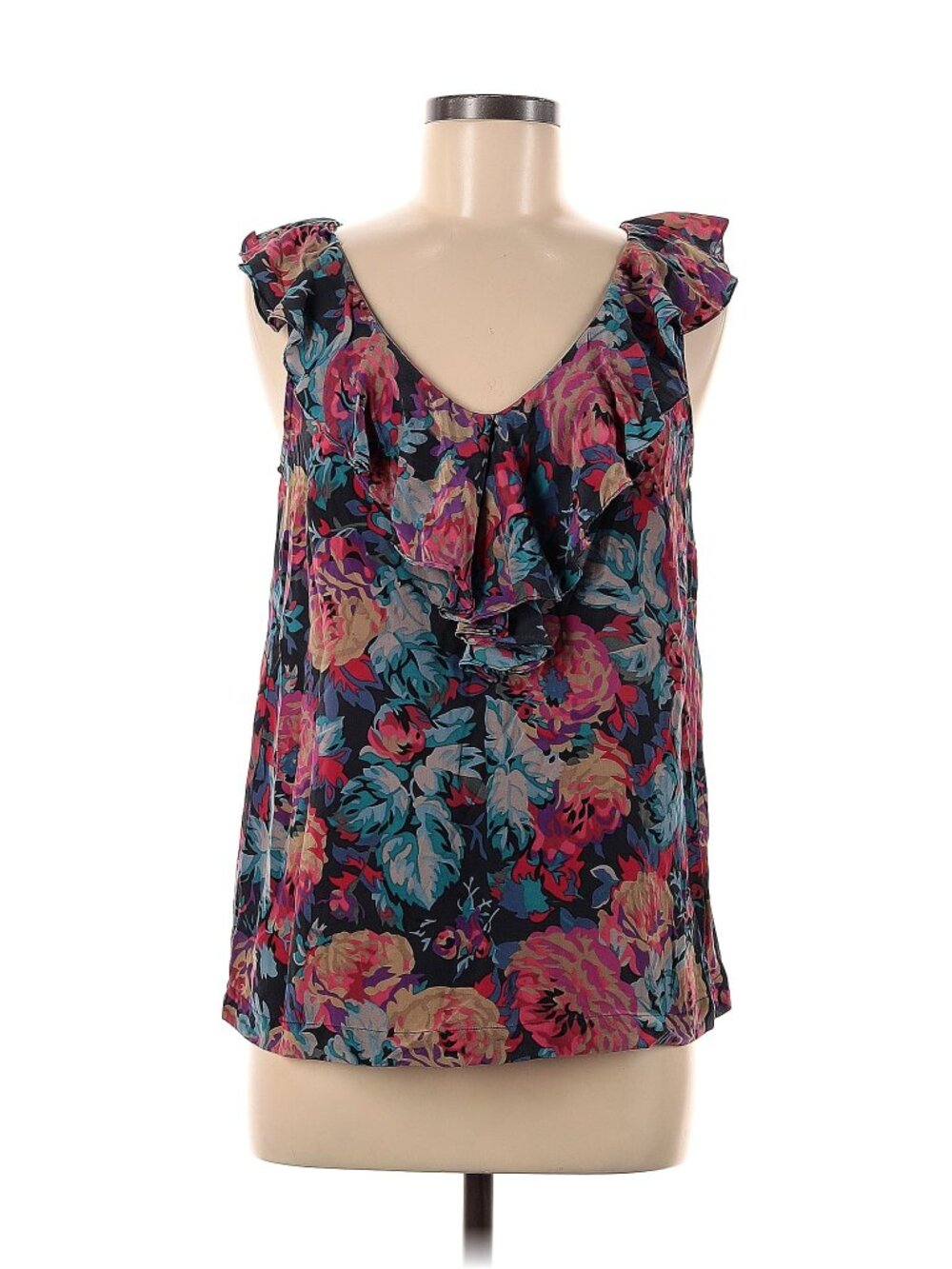 Anthropologie Moulinette Soeurs 100% Silk Floral Ruffle Sleeveless Blouse Size 6